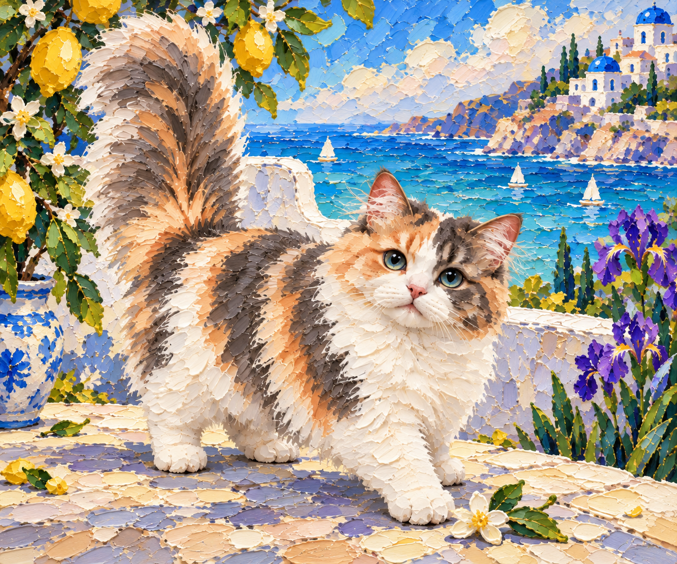 Fifi in an impasto-painted iris coast garden